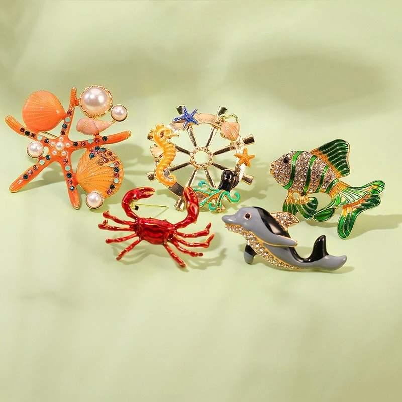 Animal Enamel Painting Oil Fish Brooch Crab Starfish Cartoon Corsage Accessories Ornate Pins