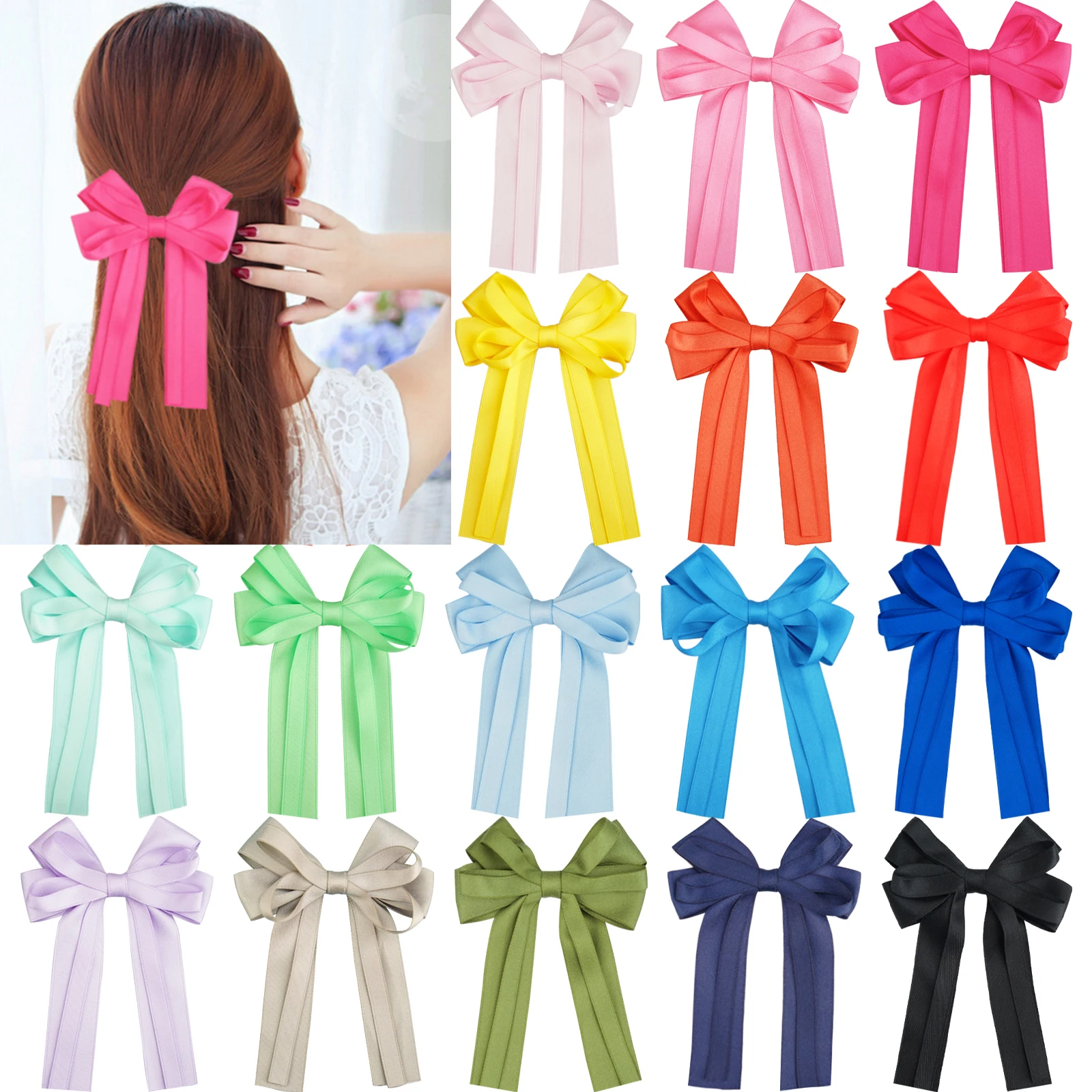 Ragazze 5 pollici nastro di raso grande coda lunga fermagli per capelli bambini Barrette Hairgrips bambini coda di cavallo accessori per capelli