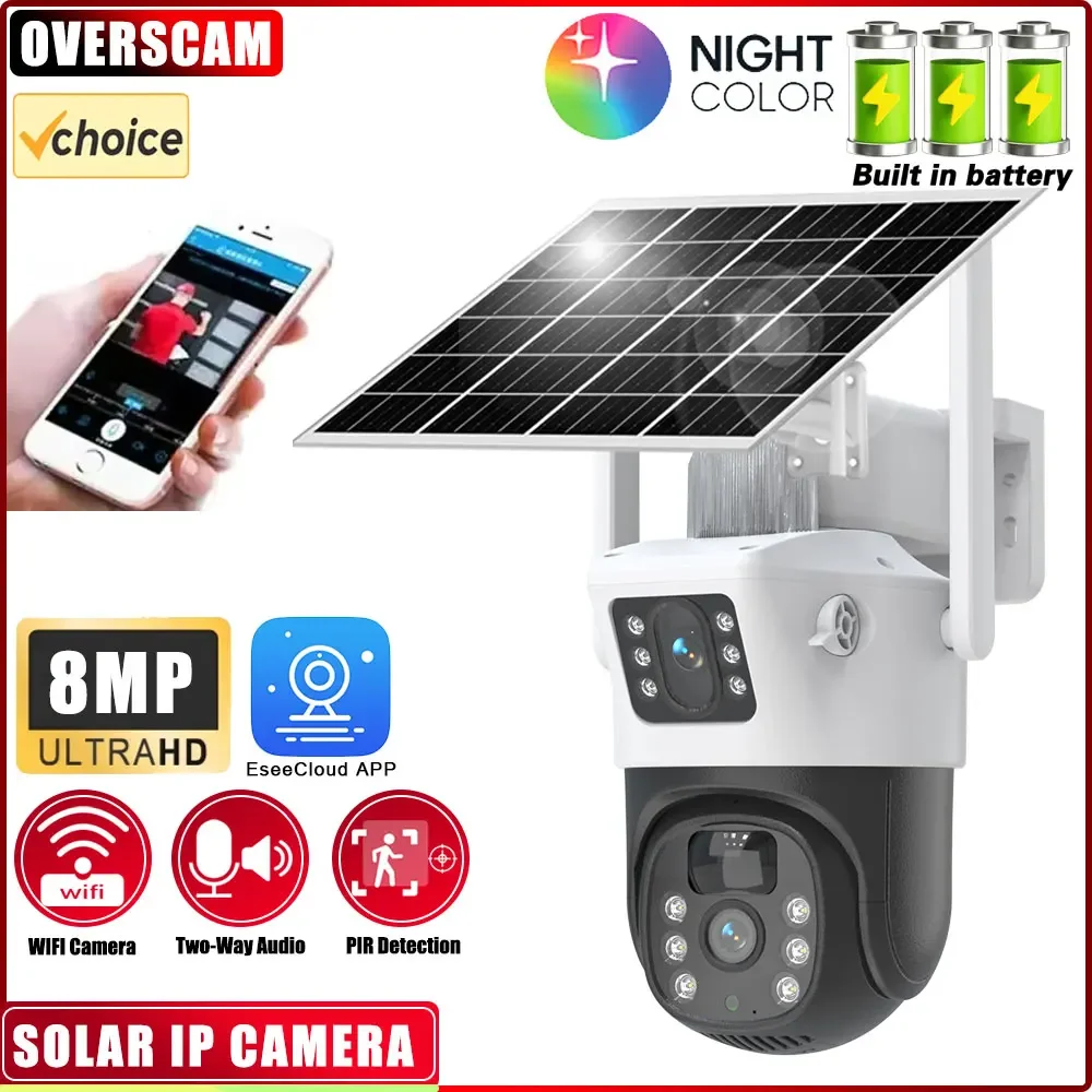 Color Night Vision Surveillance Camera Wireless Dual Lens Security Camera 8MP Human Tracking Solar Charging Bulit-in Battery Cam