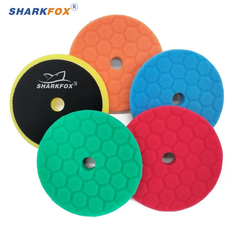 Sharkfox-Car lustrando almofadas de polimento, esponja chanfrada Hex-Logic, polidor de buffer, DA, RO, GA, 5 PCs por conjunto, 125mm