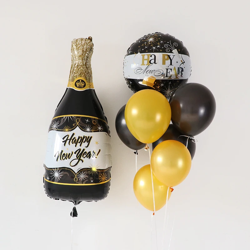 15 PCS New Year's Themed Party Pentagram Wine Bottle Shaped Black Gold Balloon Pillars 2024 Home Decoration  New Year's Eve