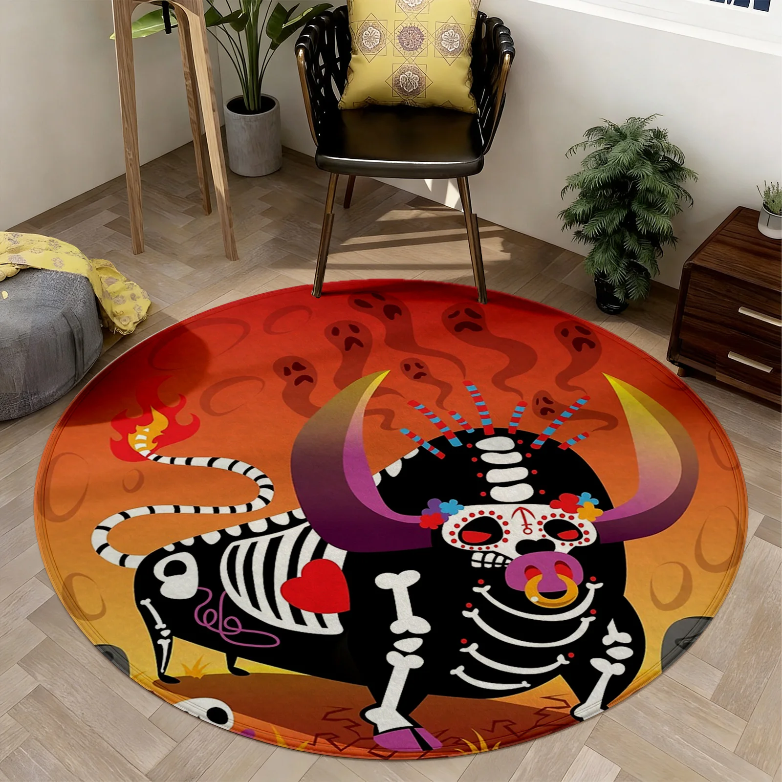 Vibrant Round Day of the Dead Skull Bull Area Rug Bohemian Mexican Art Boho Living Room Accent Carpet Decor Floor Mat