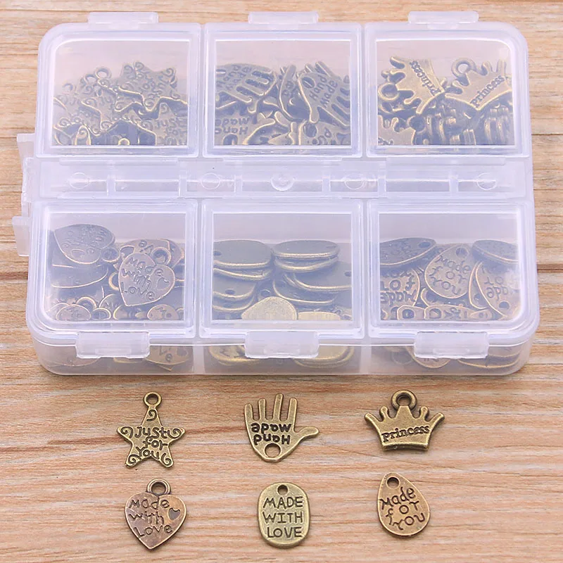 1Set 120Pcs 2 Color 6 Styles Letter Charm MINI Heart Palm Pendant Kit With Box Material For DIY Jewelry Necklace Bracelet Making