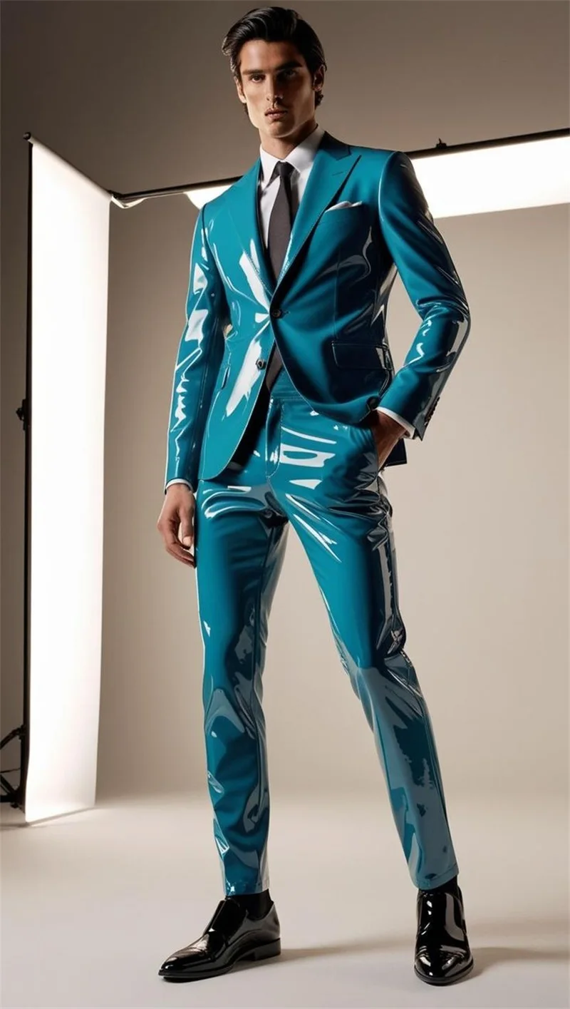 Blue PU Leather Men Suits Set 2 Piece Blazer+Pants Trousers Wedding Tuxedo Formal Office Groom Prom Jacket Business Coat