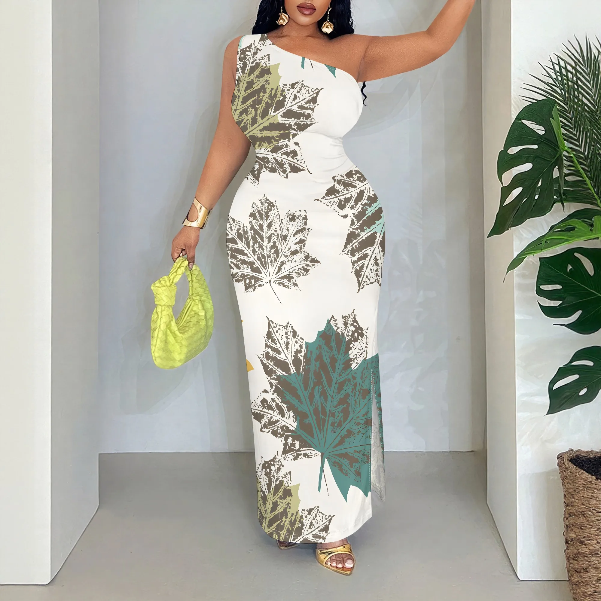 

Botanical Print, One Shoulder Dress, Leaf Pattern Maxi Gown, Sleeveless Summer Party Wear, S-2XL
