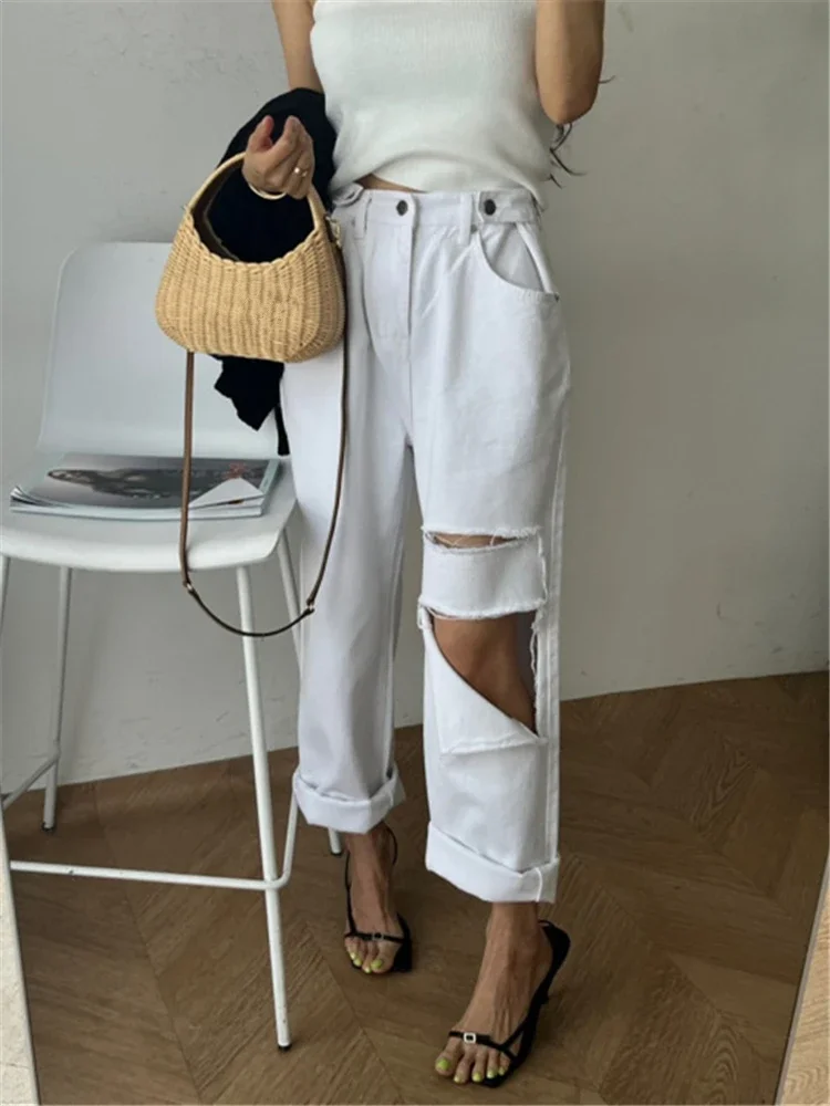 REALEFT 2024 New Hole Pink Women\'s Denim Wide Leg Pants High Waist Spring Summer Casual White Jeans Straight Trourses Female