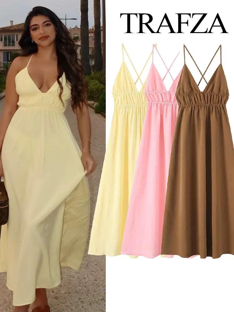 

TRAFZA Summer Women Solid V-Neck Sleeveless Backless Party Midi Dress 2025 Elegant Woman Wrinkles Design Sexy Sling Dress Mujer