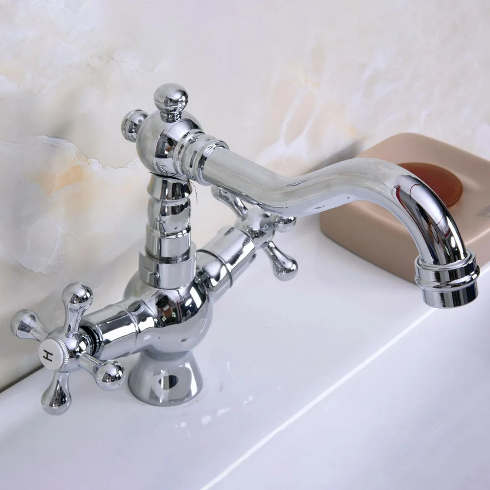 Polished Chrome Brass Two Cross Handles One Hole Bathroom Basin Kitchen Sink Swivel Spout Faucet Mixer Tap mnf921