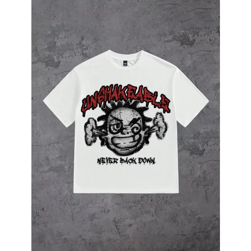 

Men's 2025 Hot New Fashion Summer Manfinity White Knit Men's Letter & Cartoon Print Round Neck Short Sleeve T-Shirt
