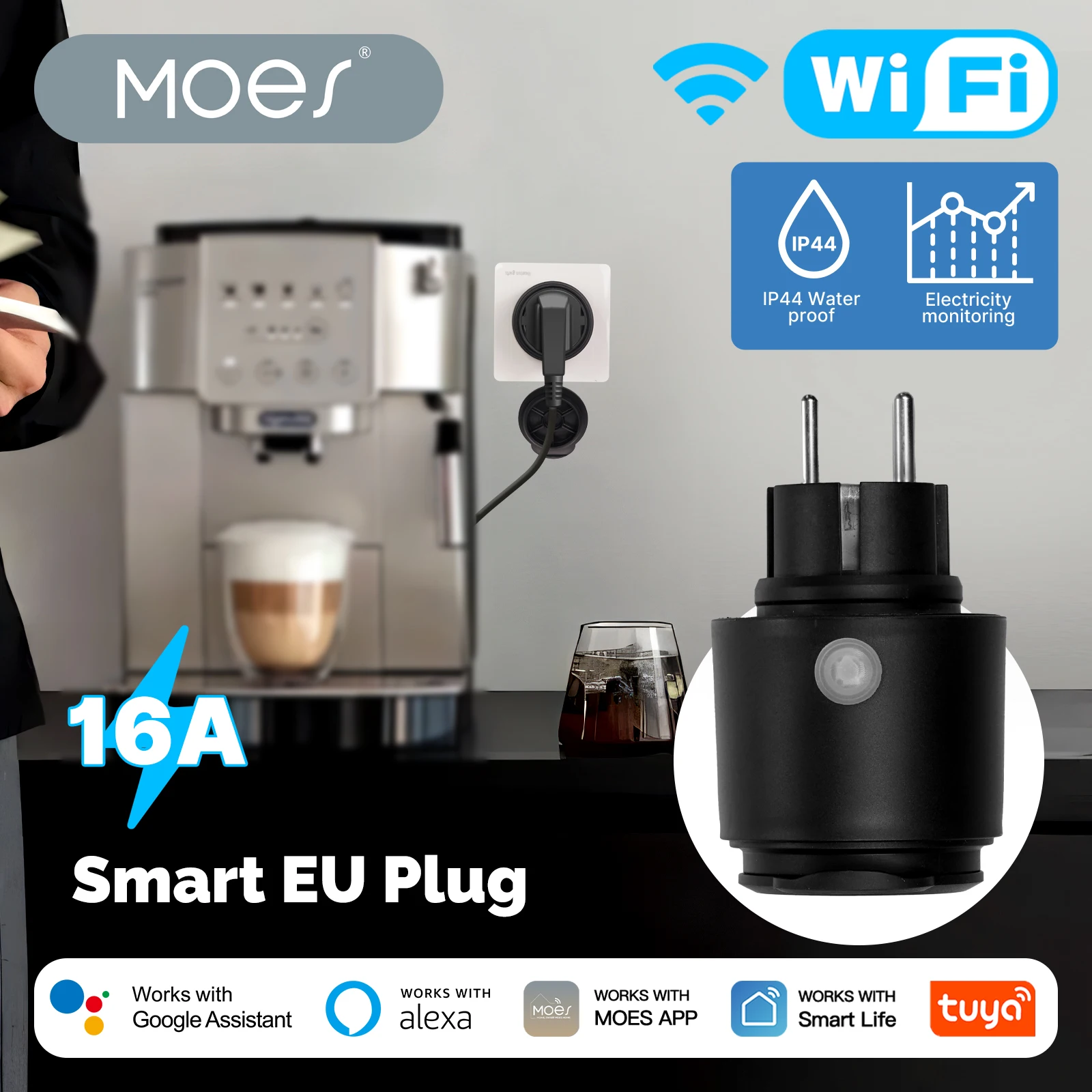 

MOES WiFi Smart 16A Plug EU Socket Power Monitoring Save Electricity Overcharge Protection IP44 Dustproof Tuya APP Alexa Control