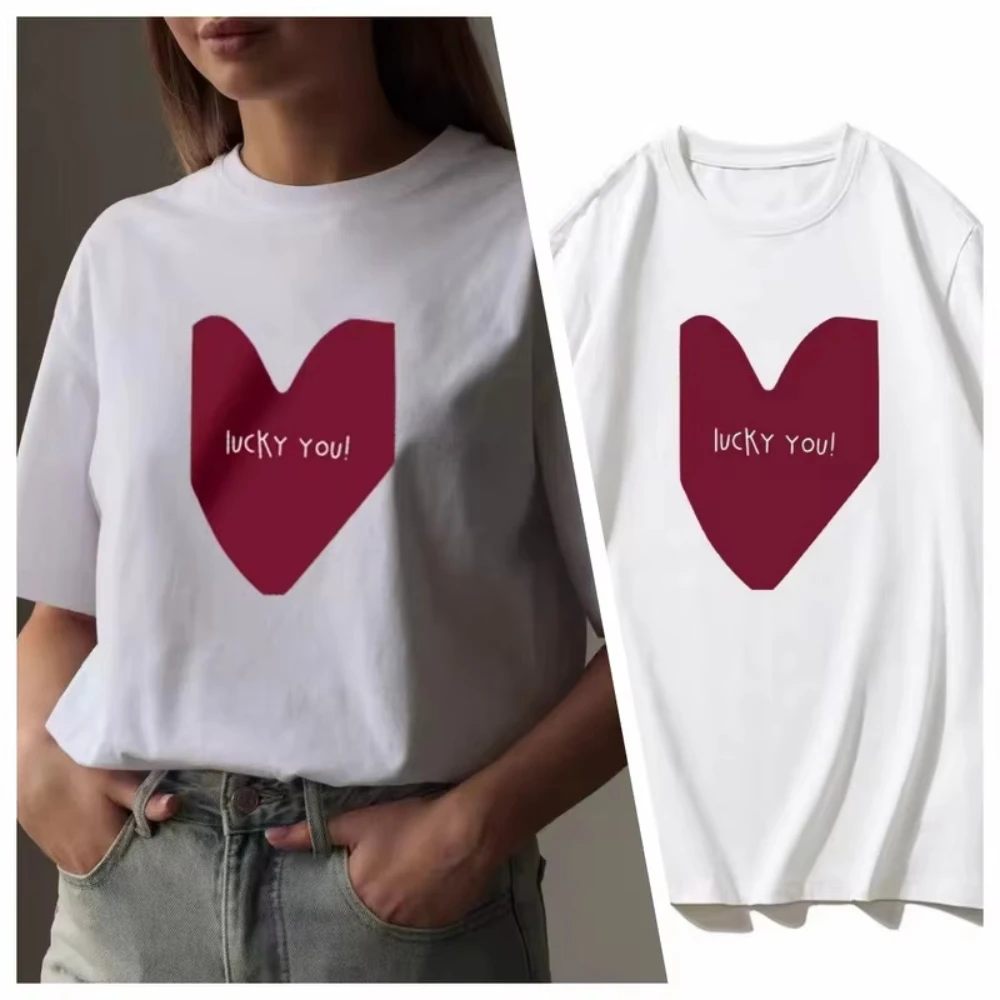 

European and American Fashion Casual Love Printing Pure Cotton T-shirt Women's Casual Comfortable Loose O-neck Street Wear