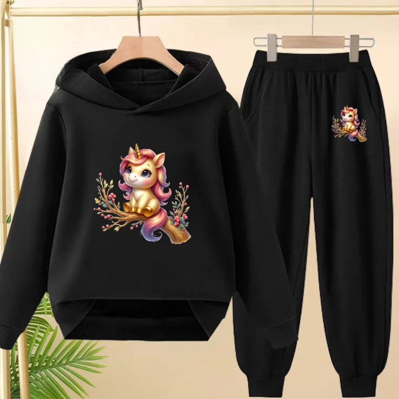 

Sportswear 2 piece Set Children Casual Fashion Beautiful Unicorn Outerwear Hoodie+Pants 3-12 Age Pullover Hooded Autumn Winter