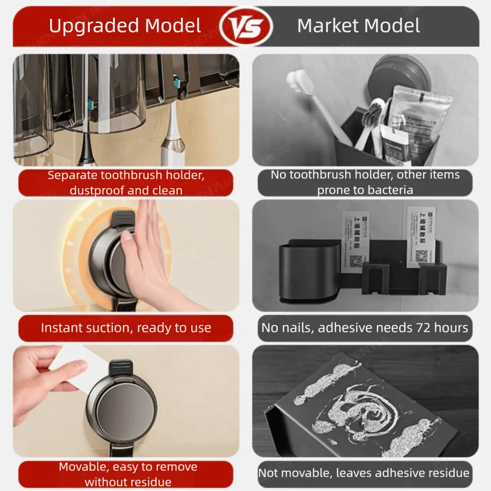 

Suction Cup Toothbrush Storage Rack Wall-mounted Integrated Hook Electric Toothbrush Holder Space Saving Detachable