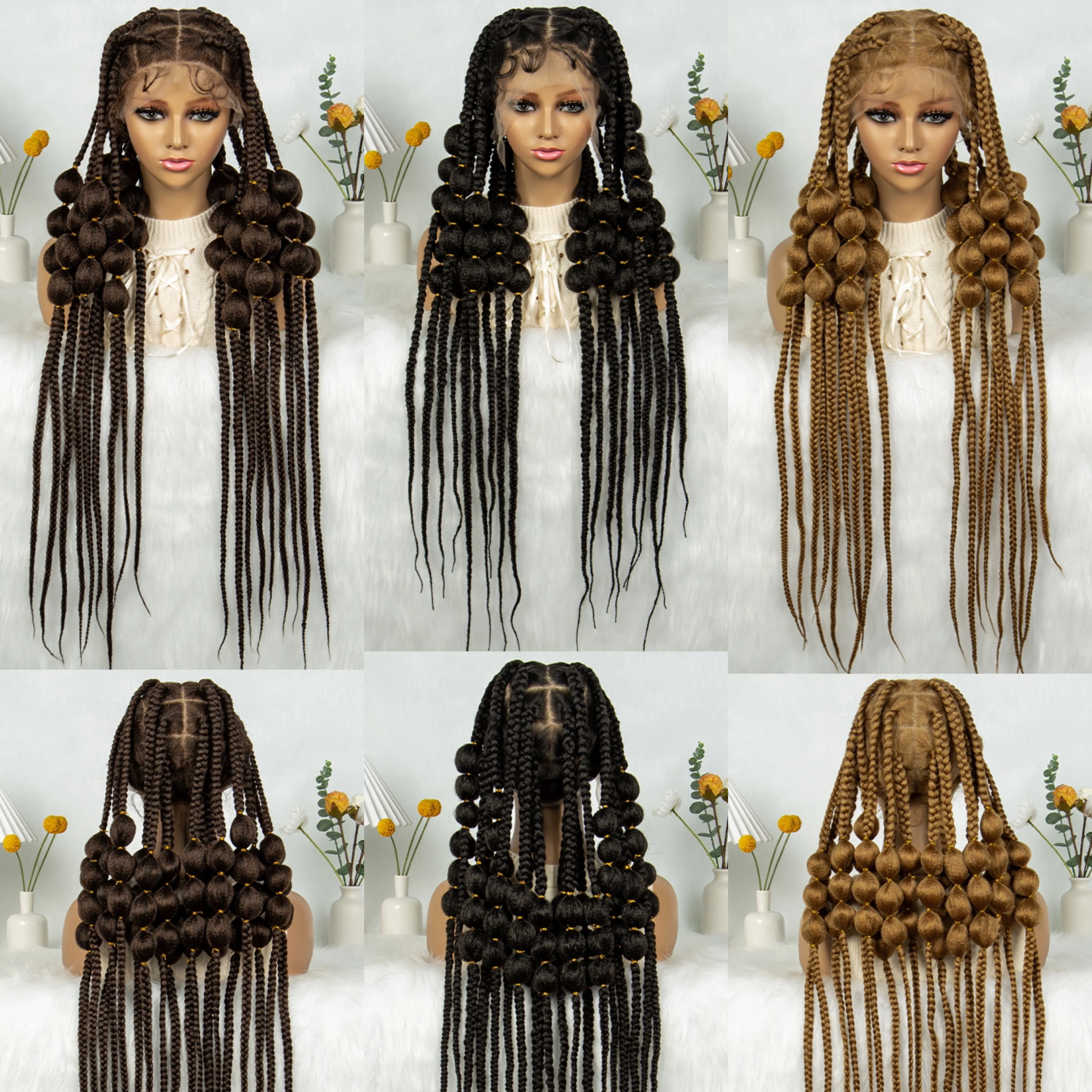 KIMA-perucas trançadas de cornrow sintético para mulheres negras, perucas cheias de renda, sem nós, tranças bolha, 40 polegadas