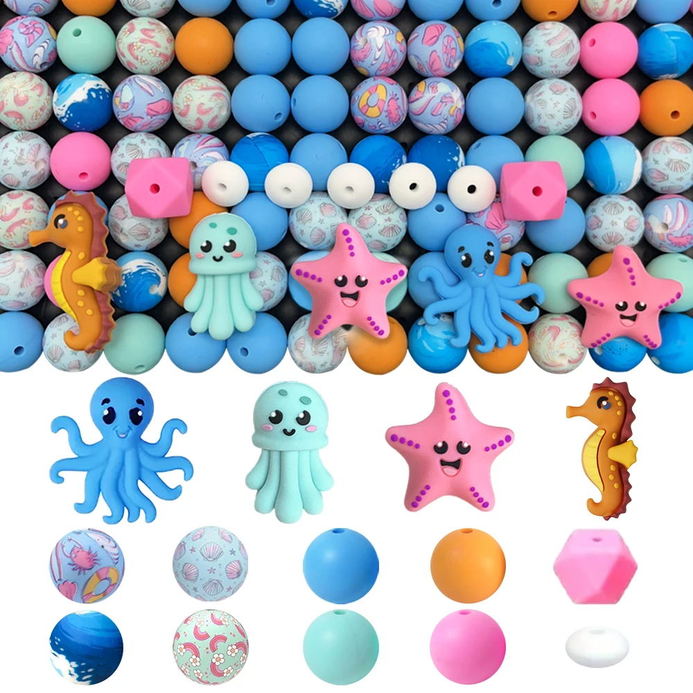 25/56PCS Marine Biological Silicone Bead Set, Perfect for DIY Handmade Crafts Such as Keychains, Necklaces, Bracelets, Etc