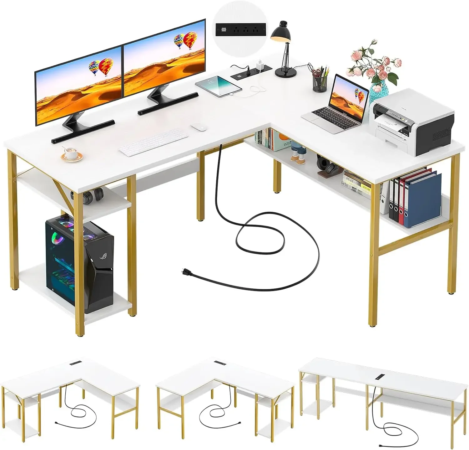 

Reversible L Shaped Desk Magic Power Outlets USB Charging Ports Sturdy Corner Computer Desk Storage Shelves Gaming Table Home Of