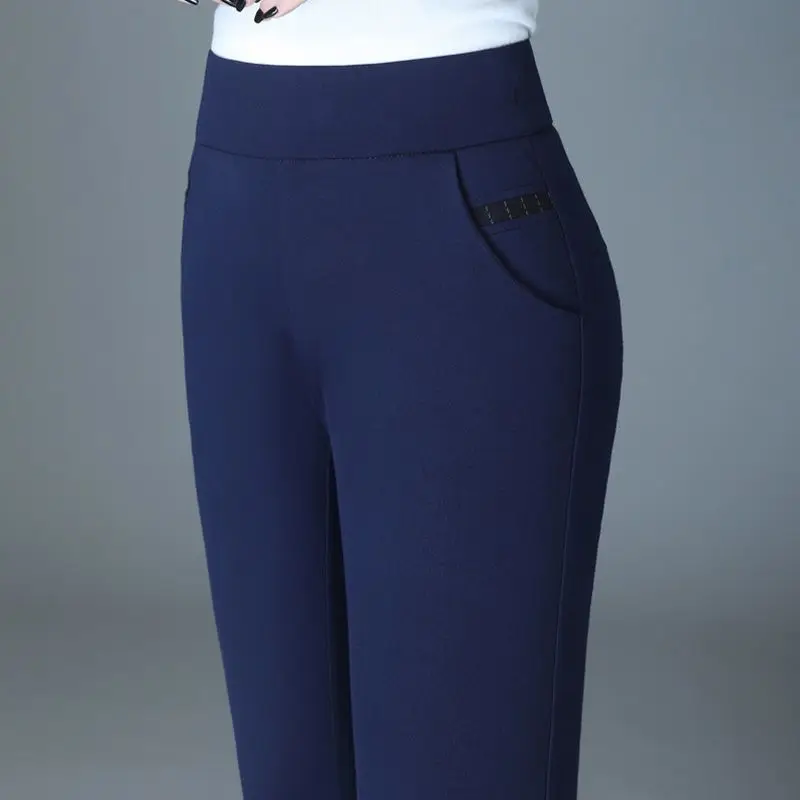 Office Lady Slim Pencil Pants Spring Autumn High Waist Elastic Pockets Solid Elegant Women Casual Fashion Straight Trousers 2022