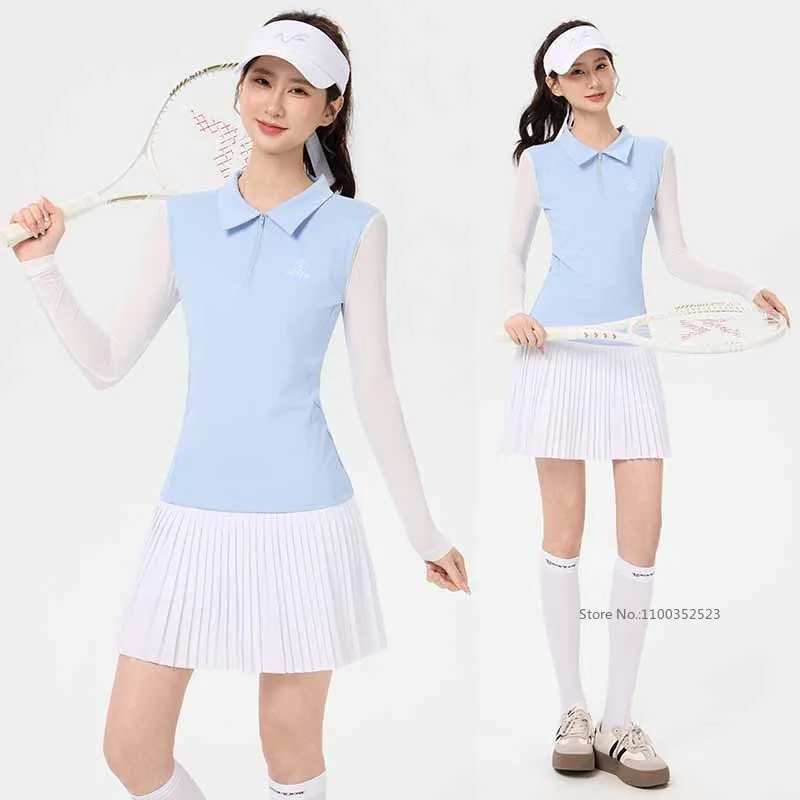 Niefle Sports Polo Neck Golf Shirt Long Sleeve Sunscreen Tops Ice Silk Cooling T-Shirt Ladies Pleated Slim Skirt Golf Skorts
