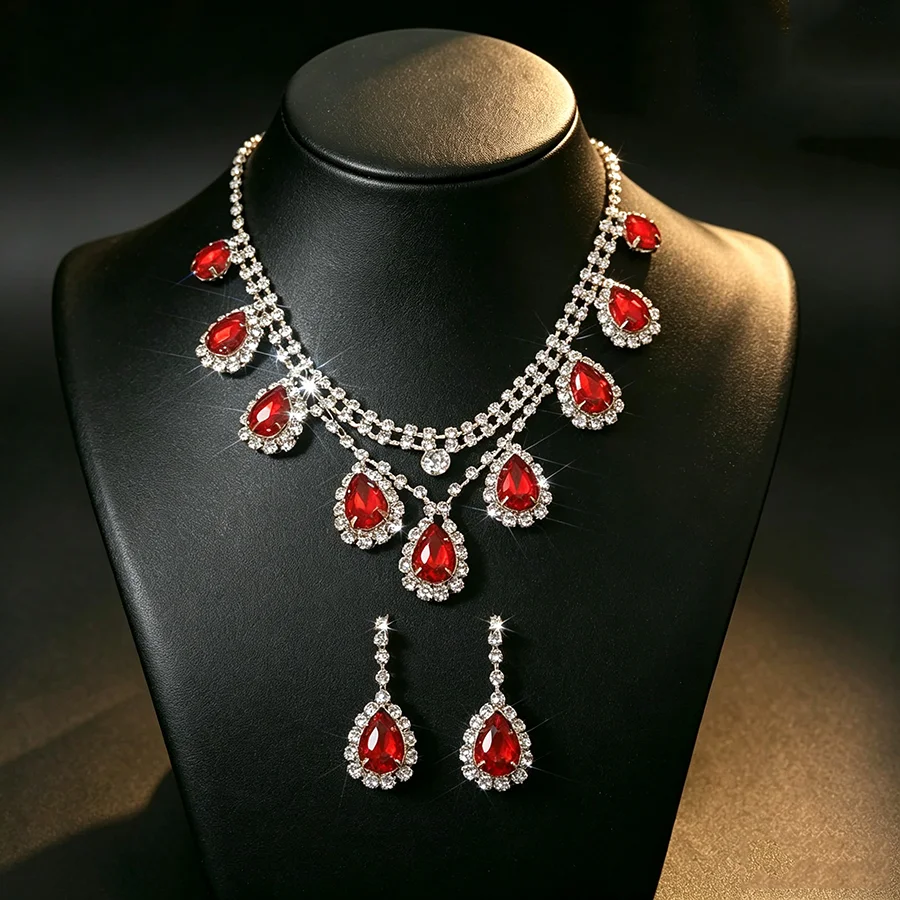 Silvery Red Water Drop Rhinestones Pendant Necklaces Multi-layer Neck Chain Earrings Gathering Banquet Party Set Gifts H