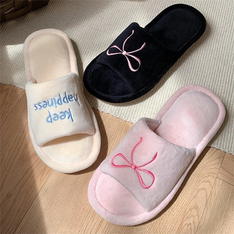 XIXITIAO Women's Home Slippers New Bow Embroidery Comfort Plush Casual Indoor Anti Slip Open-toe Floor Shoes, Ladies Flat Shoes