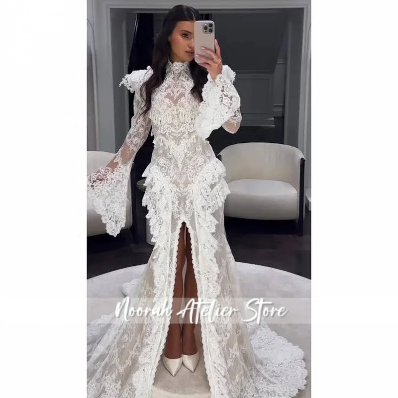 Vintage Lace Mermaid Wedding Dress Sexy High Collar Long Sleeve Bridal PartryGown Backless Princess Bride Dress Customized