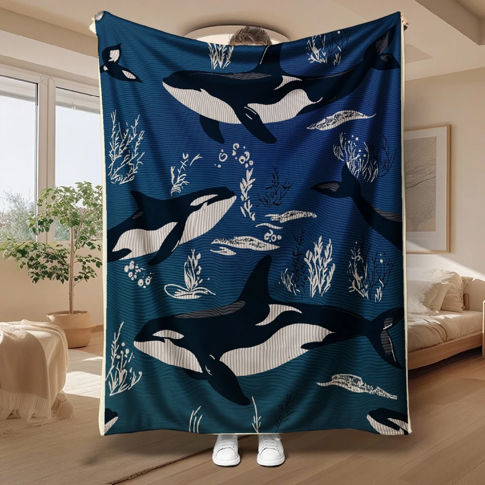 Ocean Orca Pattern, Whale Lover Gift, Soft Blanket, Navy Blue Marine Design, Multi-Purpose Home Decor, Cozy Comfort
