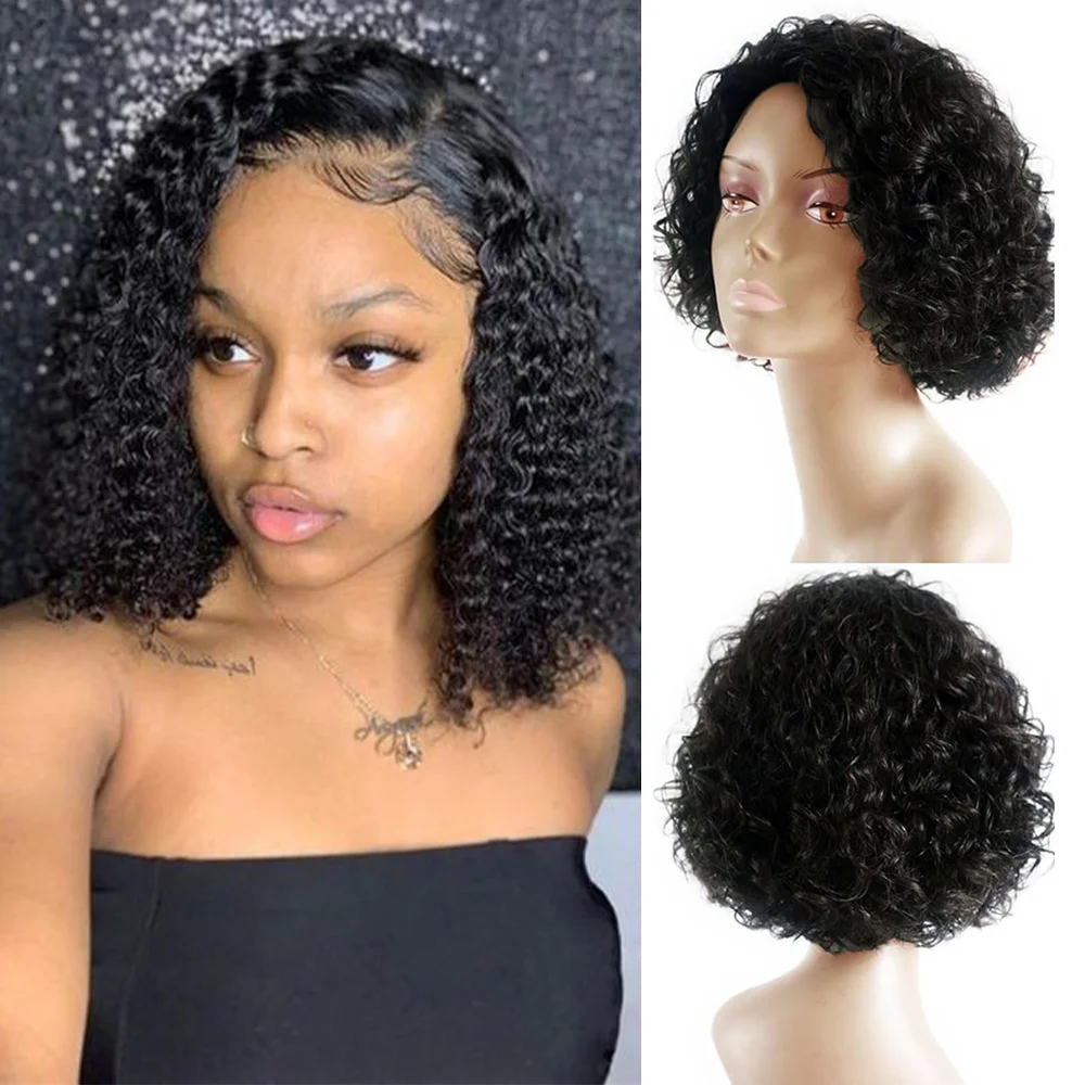 Short Curly 180 Density Pre-Plucked Side Part Short Bob 13*4 HD Lace Frontal Brazilian Virgin Human Hair Wigs For Black Woman