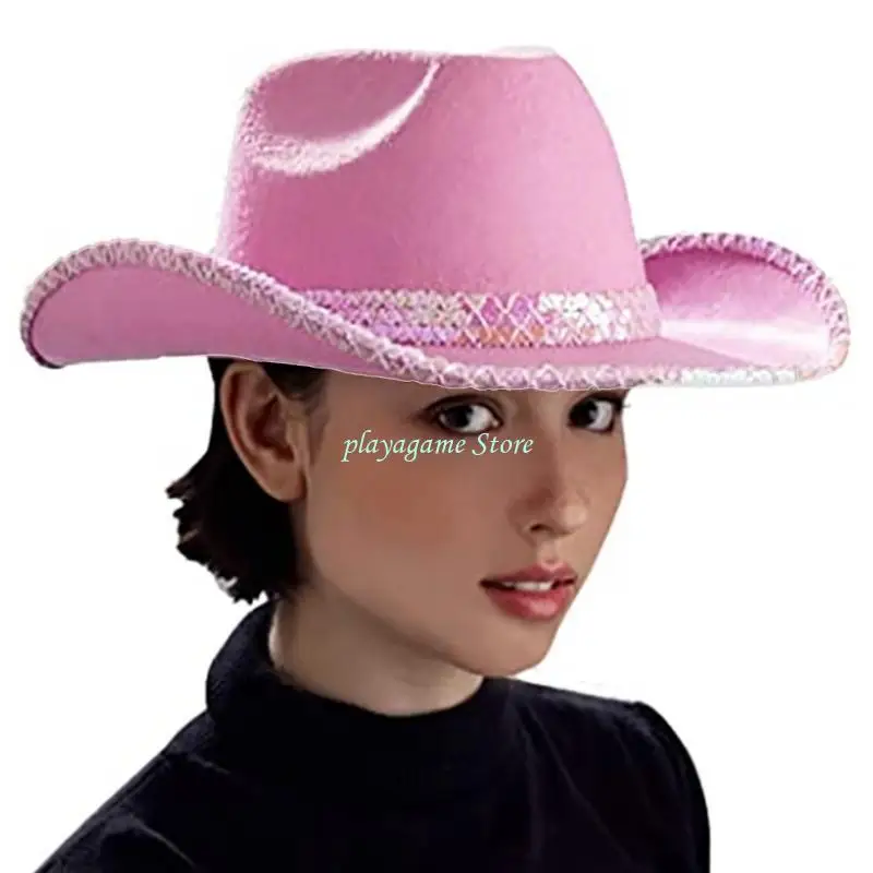 Y88A 패션 장식 조각 Sesign 카우보이 모자 여성 남성 파티 모자 핑크 Fedoras 모자 디스코