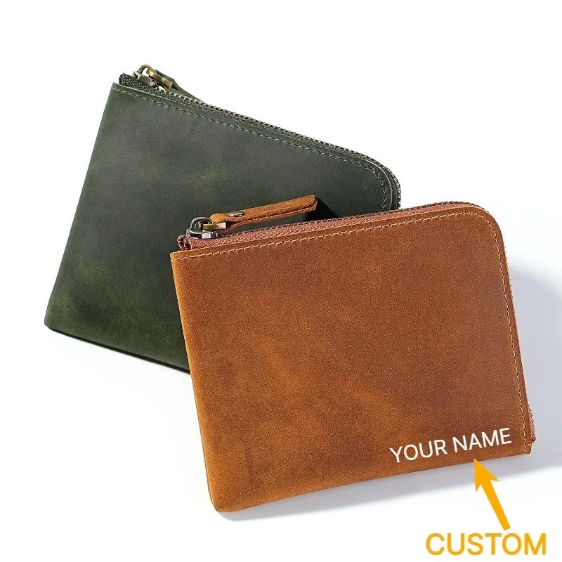 Vintage Crazy Horse Leather Wallet Card Holder Coin Purse for Men Women Mini Pocket Wallet Custom Name Logo Engraving