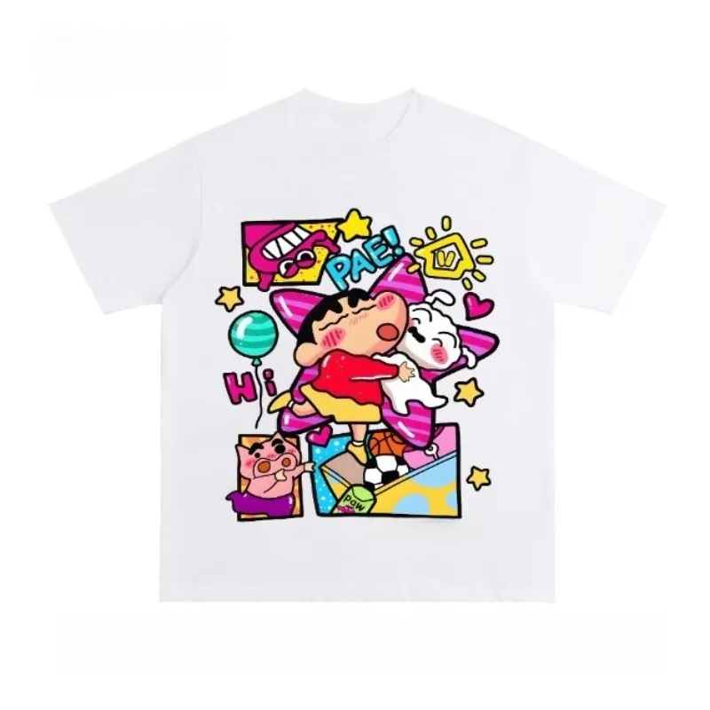 Crayon Shin Chan Shinnosuke & Shiro Hug Print T Shirt Men Women Oversized Cute Cartoon Short Sleeve Casual Tee