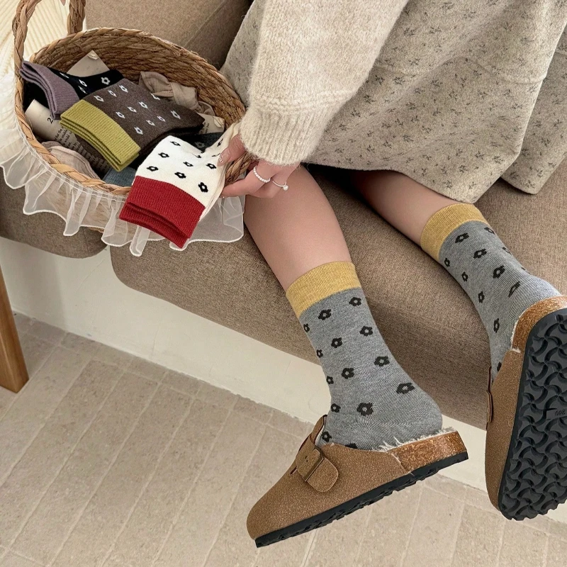 Winter  For Women Thick Warm Long Socks Cute Flowers Color Blocking Korean Style Crew Wool Socks