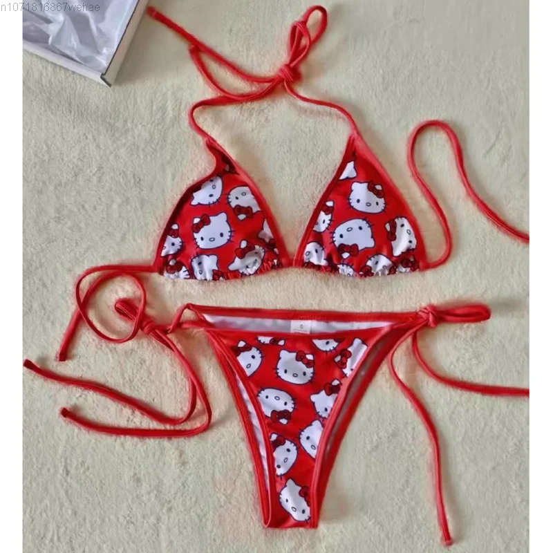 Sanrio Hello Kitty damskie różowe zestaw Bikini Y2k 2023 słodkie kreskówki nadrukowane bez rękawów seksowne Bikini zestaw do pływania na wakacje na