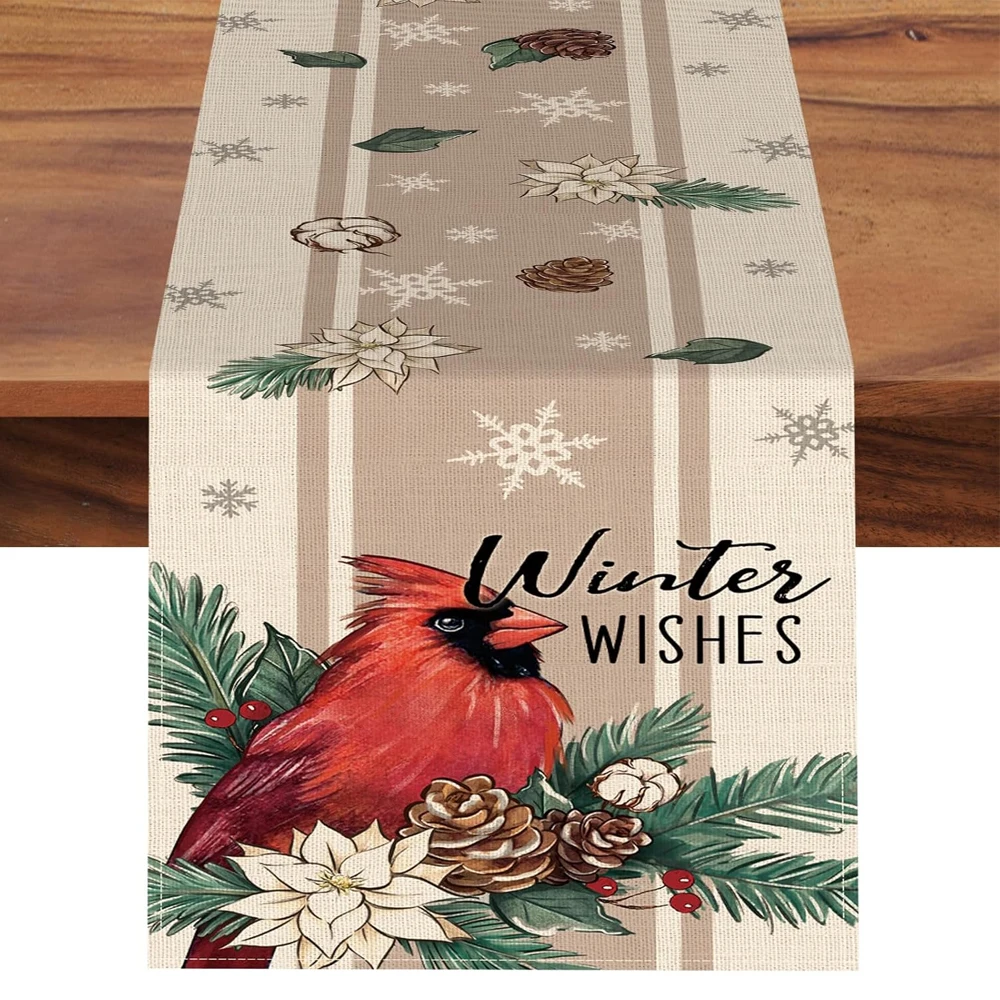 

Зимние пожелания, кардинал, дорожка для стола, красные птицы, пуансеттия, сосновый лен, украшение для кухни, рождественская столовая, домашний декор для банкета и вечеринки