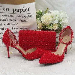 Girl’s Red Pearl Flower Wedding Shoes With Matching Bags High Heels Pointed Toe Ankle Strap Ladies Party shoe and bag set