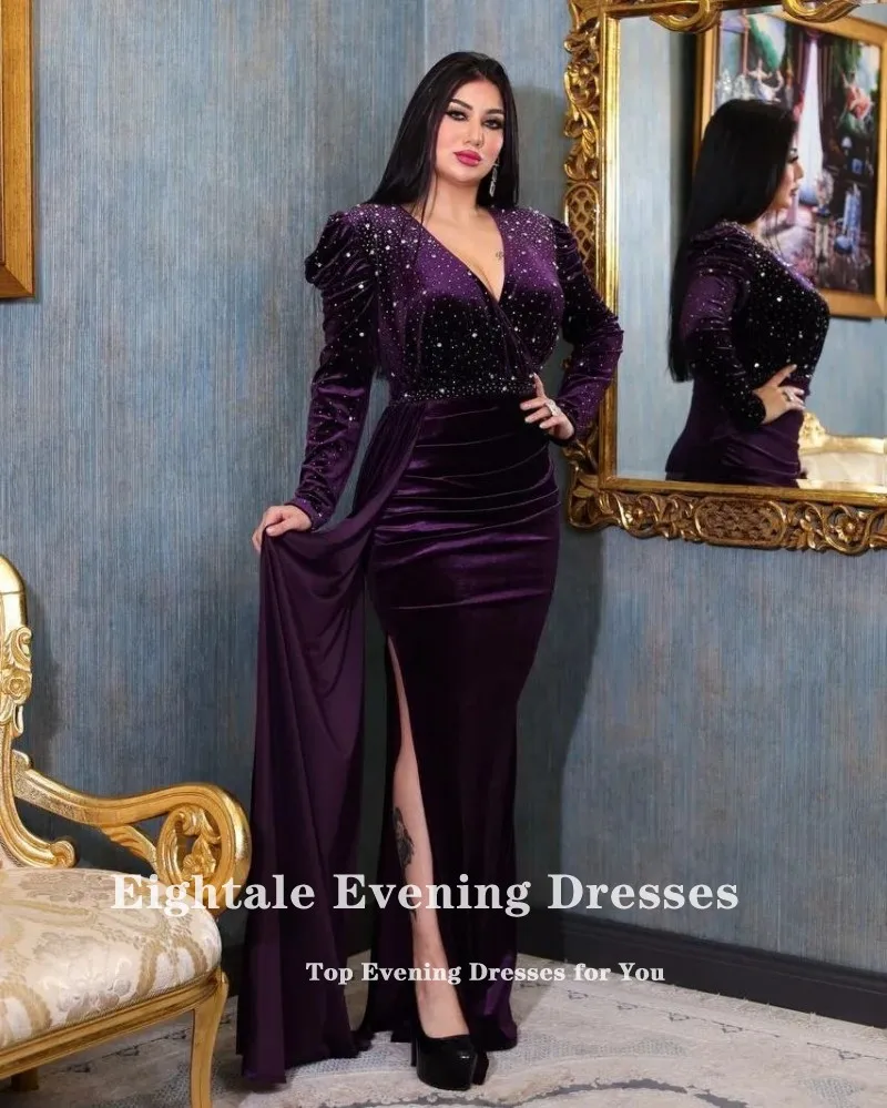 Eightale Velvet Evening Dress for Wedding Party V-Neck Beaded Plus Size Mermaid vestidos otoño invierno Long Sleeves Prom Gowns