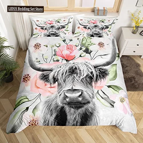 

Highland Cattle Duvet Cover Set Flower Pattern Farm Animals Polyester Comforter Cover King Queen Size For Adult Men Bedding Set