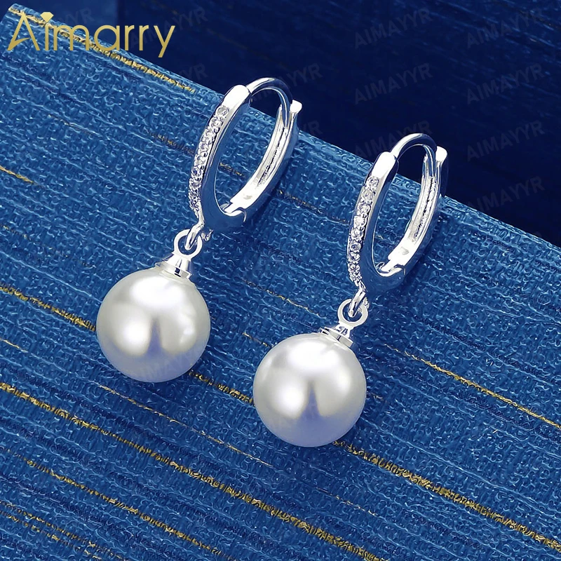 925 Sterling Silver 12mm Set with AAA Zircon Pearl Earrings for Women's Parties Banquets Weddings High-quality Fashion Jewelry