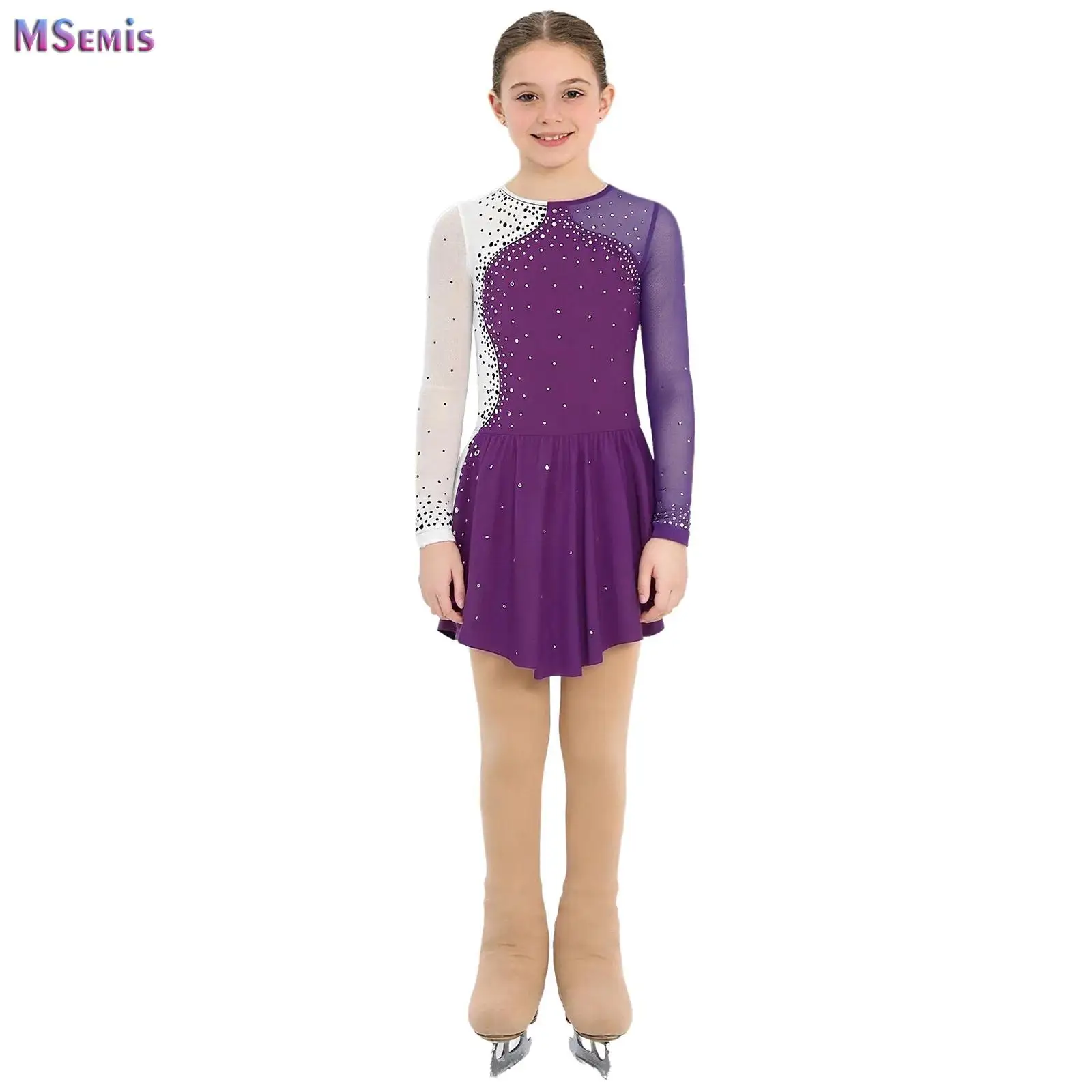 

Girl's Ice Figure Skating Dress Mesh Tulle Skirted Leotard with Tights Skater Dancer Costume Gymnastic Competition Dancewear Set