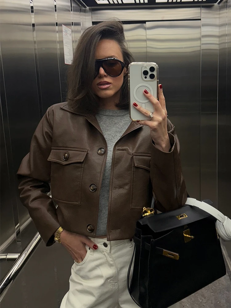 Women Dark Brown Leather Coats Stand-up Neck Short Loose Single Breasted Pocket Jackets Long Sleeves 2025 Autumn Fashion Coat