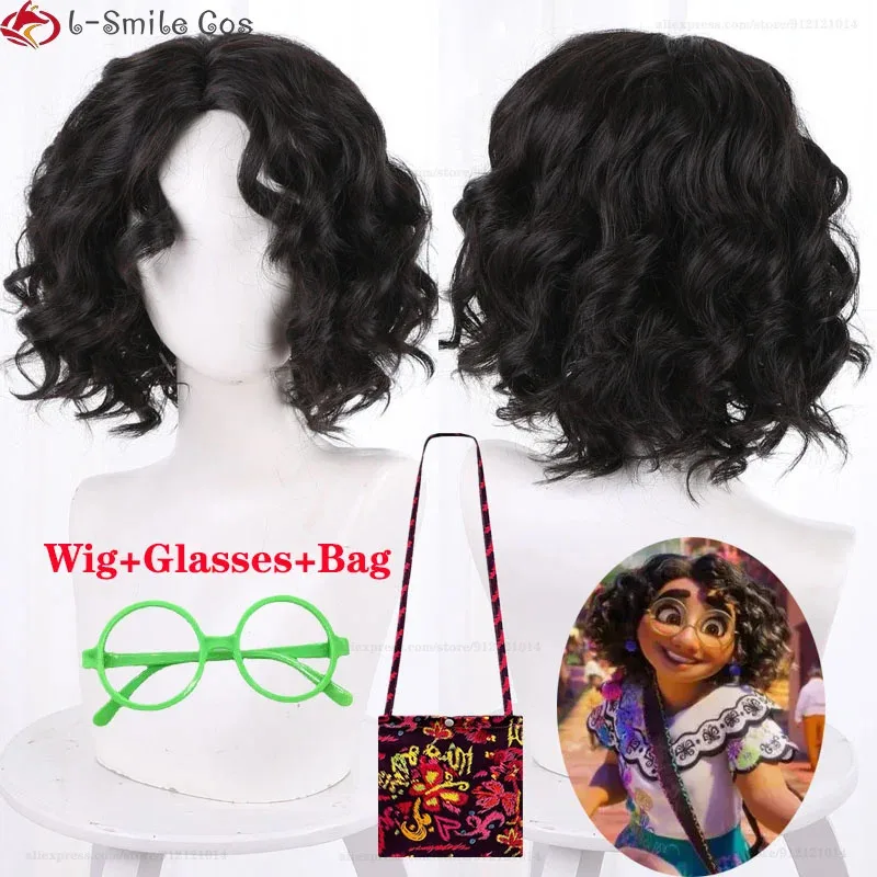 Zz04zz12Anime Encanto Mirabel 코스프레 여성 블랙 브라운 짧은 곱슬 머리 내열성 합성 할로윈 파티 가발 + 가발 모자