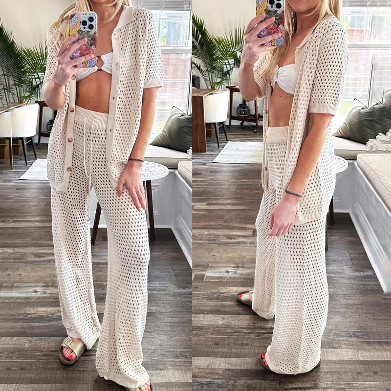 

Fashion Hollow Out Design Lapel Collar Short Sleeve Shirt+Long Pants Suit Fashion Solid 2 Piece Set Summer Women Vacation Outfit