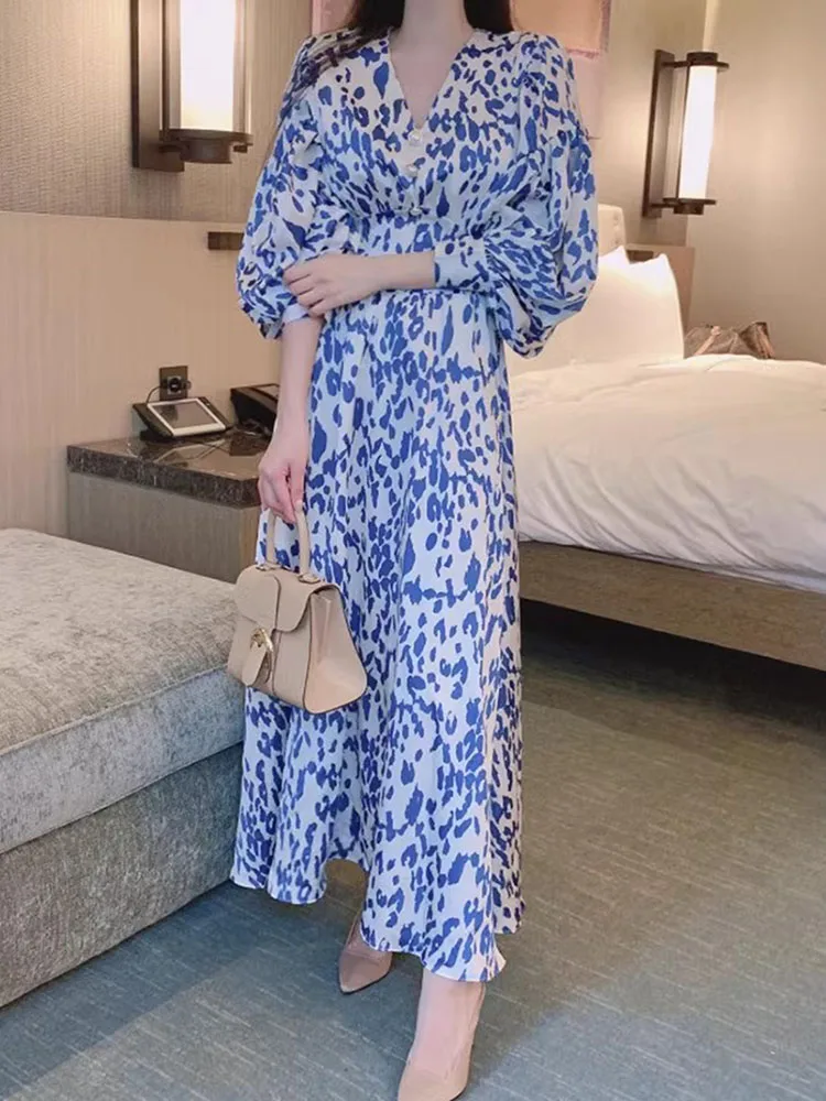Chic Vintage V-ne Pearl Button High Waist Slimming Bubble Sve Print Dr Women's Korean Sle Long Sve Spring Dr