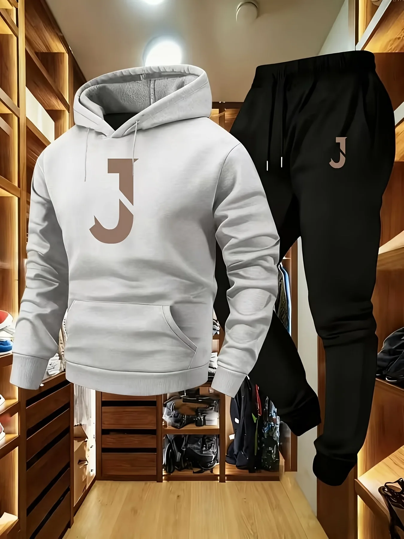 2026 Men Fall‑Winter Tracksuit, Soft Polyester Hoodie and Black Jogger Pants,  J pattern , Loose 2‑Piece Casual Outdoor Outfit