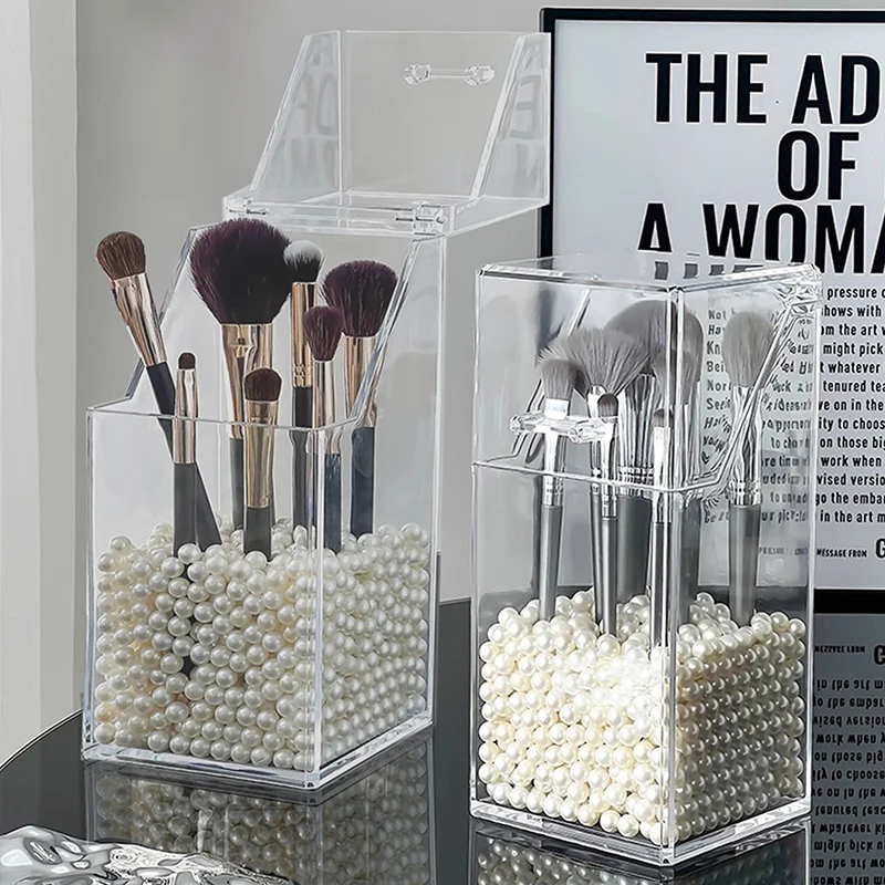 1PC Transparent Desktop Makeup Brush Holder - Dust-Proof Bucket with Lid for Lipsticks & Cosmetics