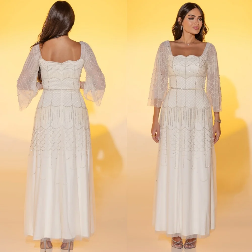 

Customized Modern White Tulle Evening Dress Classic Square Collar 3/4 Sleeves Homecoming Dresses Temperament Party Gowns