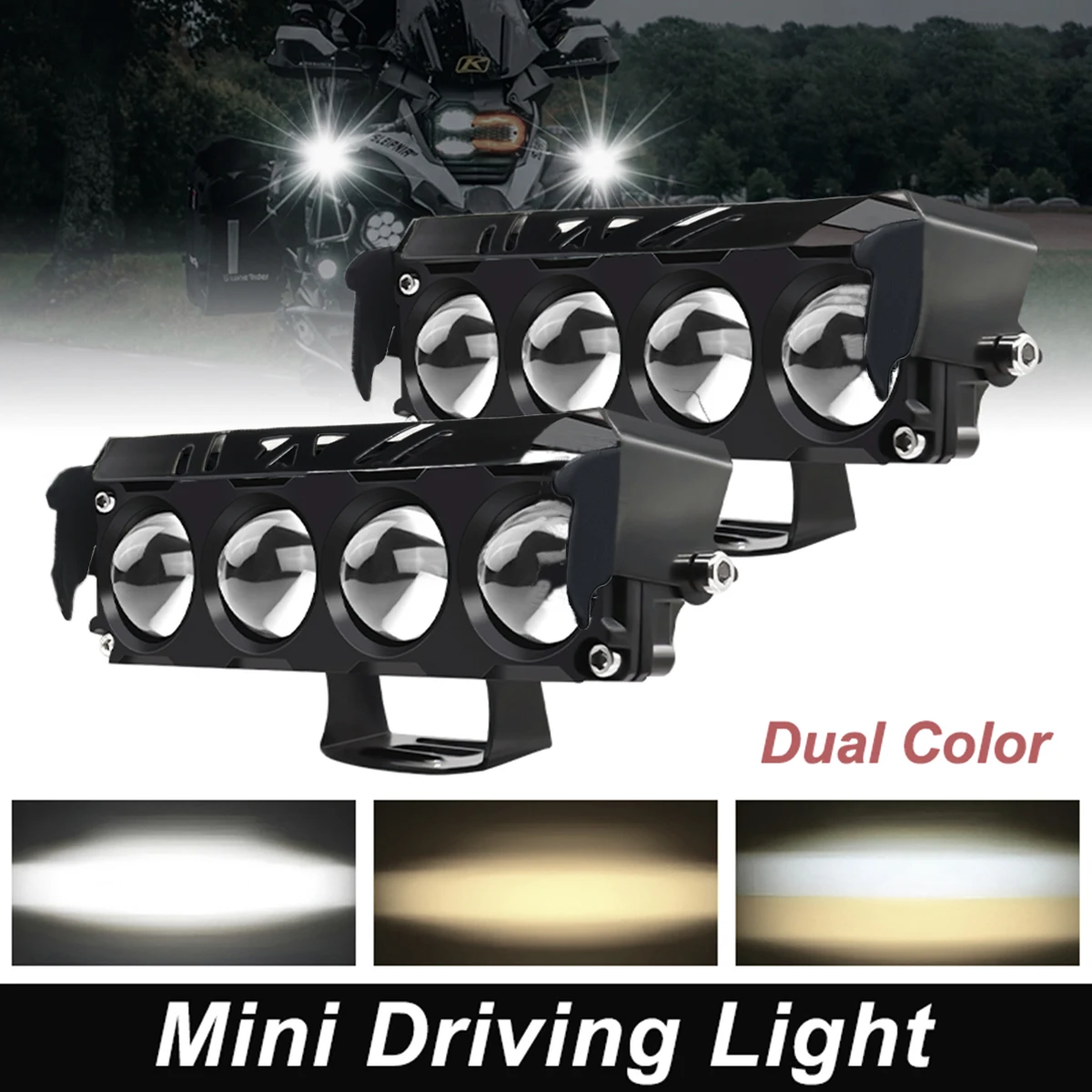 4 Lens Motorcycle LED Spotlight Dual Color Hi/Low Beam Fog Lamps for Car Trucks SUV UTV 12V 24VMini Lens Headlight Driving Light