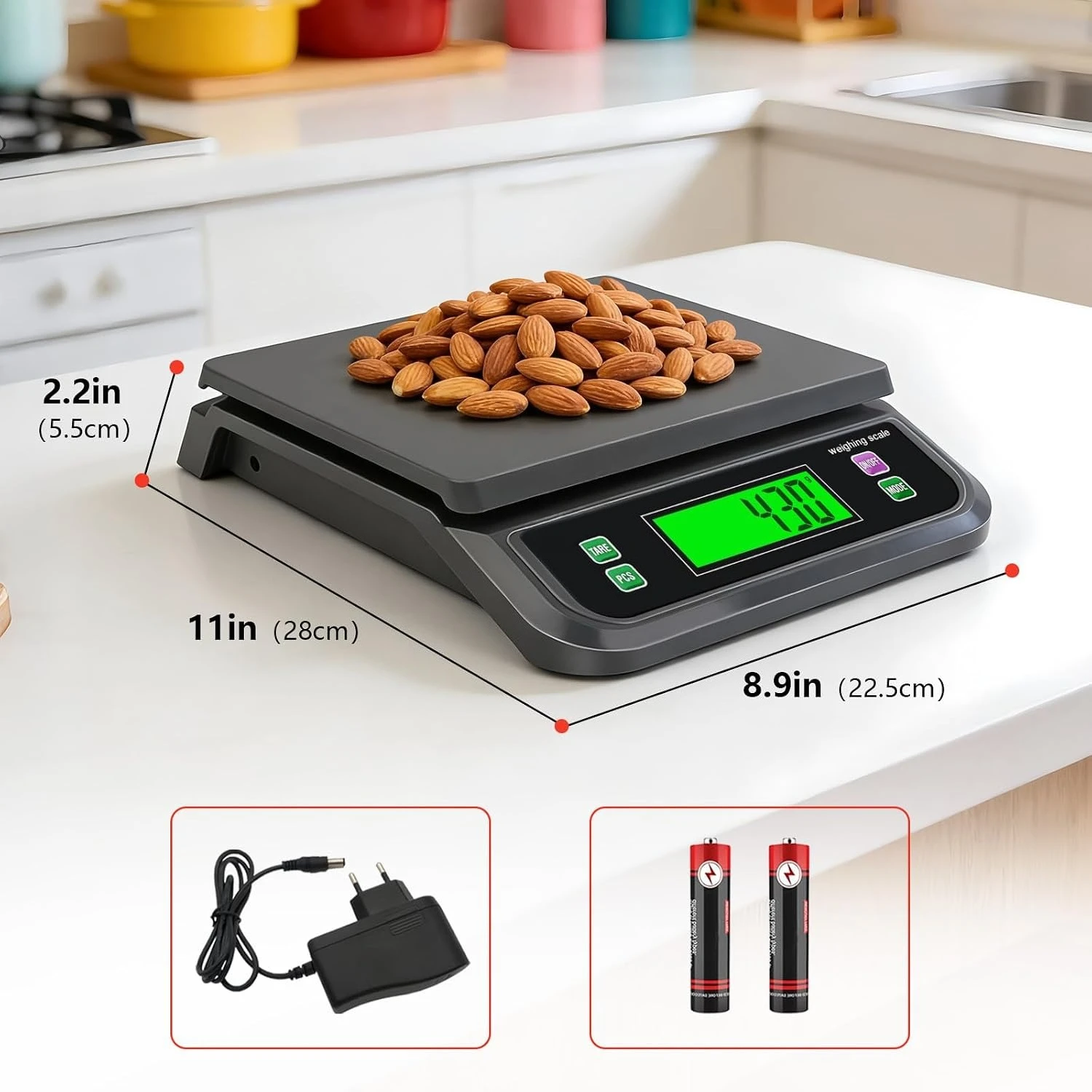66LB 30kg Large Digital Kitchen Scale Food Scale,with Tare and Prep Counting LCD Display with Adapter, 6 Unit (Grey, 30kg)
