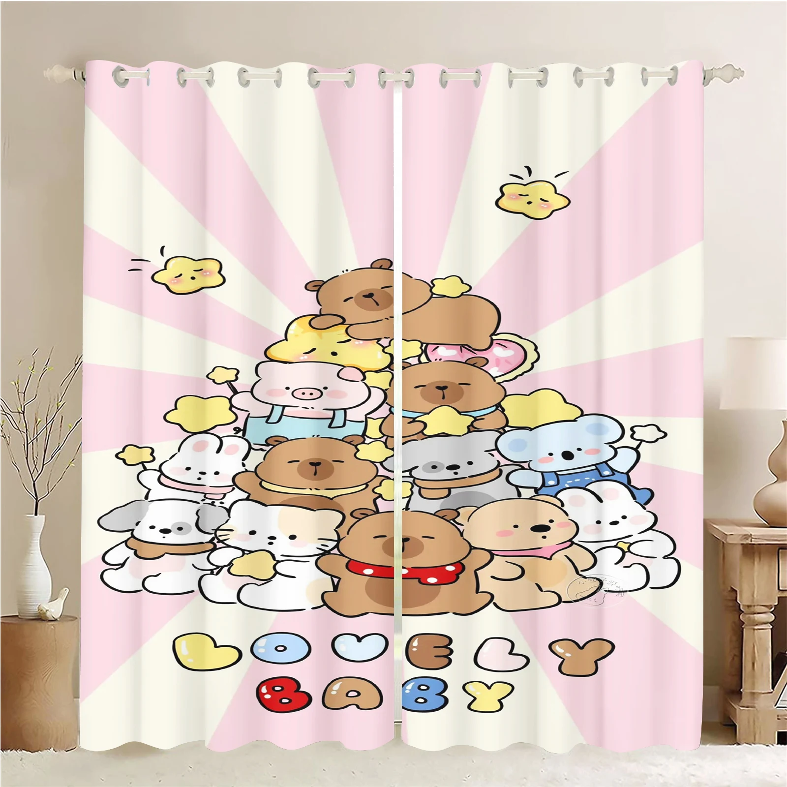 Kawaii Capybara Green Blackout Curtains Cute Cartoon Animal Print Window Drapes For Kids Bedroom Home Decor