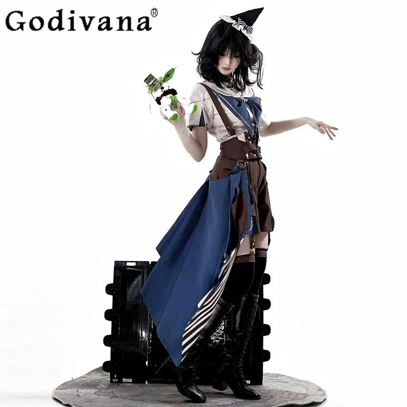 Conjunto de tres piezas para mujer, disfraz de Príncipe Cos, ropa de Cosplay Original de Lolita, camisa con cuello azul marino y tirantes, traje de cola corto