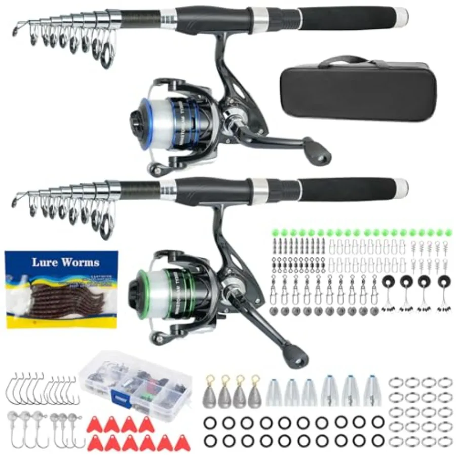 

Fishing Pole Combo 2PCS 6.89ft Carbon Fiber Fishing Rods Spinning Reels 170Pcs Worm Lure Kit Texas-Rigs for Bass with Carrier B